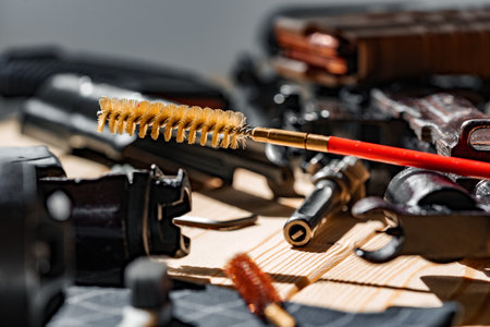 Gunsmiths working table for gun cleaning and maintainingの写真素材