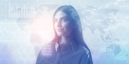 Female profile silhouette on gray background. Concept of leadership and international business