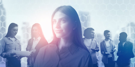 Creative image of silhouettes of businesspeople standing together on abstract background