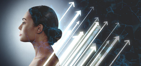 Female profile silhouette on gray background. Concept of leadership and international businessの写真素材