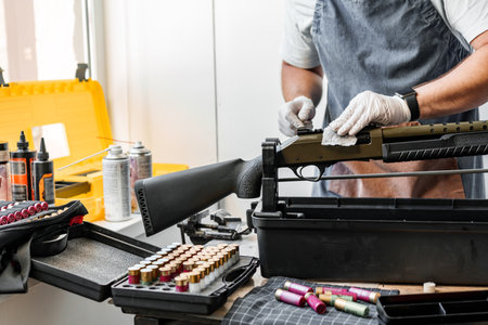 Close up of a man in apron wiping his firearm with a clothの写真素材