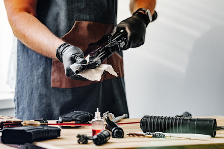 Close up of a man in apron wiping his firearm with a clothの写真素材