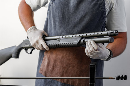 Close up of young man in apron disassembling a gun above the table