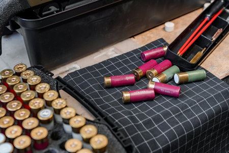 Shotgun shells on wooden table in a workshopの写真素材