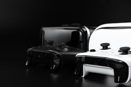 VR virtual reality glasses on a black table.の写真素材