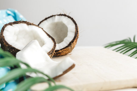 Creative layout made of coconuts and tropical leaves. Food conceptの写真素材