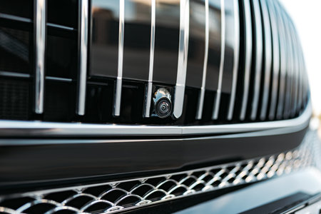 Ð¡hromed front radiator grill of a luxury car close up