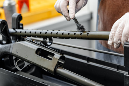 The gunsmith maintaining his rifle in a workshop