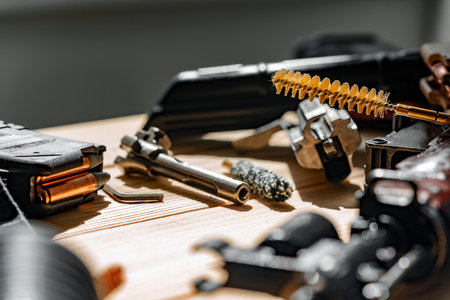 Gunsmiths working table for gun cleaning and maintainingの写真素材