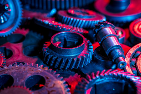 Gears. Machine part. Neon color.の写真素材