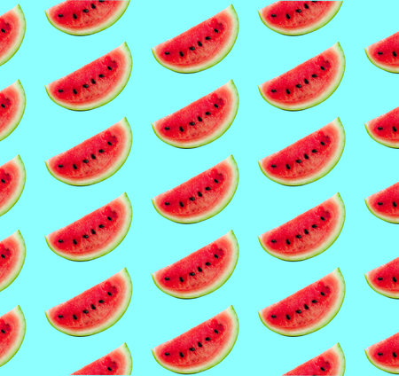 Flat lay composition with slices and seeds of watermelon on color backgroundの写真素材