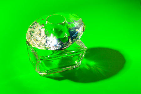 perfume glass bottle on light green background. Eau de toiletteの写真素材
