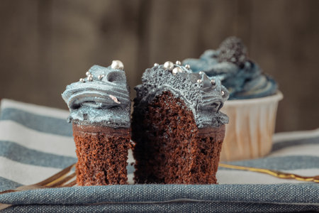 Homemade cupcakes traditional American sweet baked dessert with berriesの写真素材