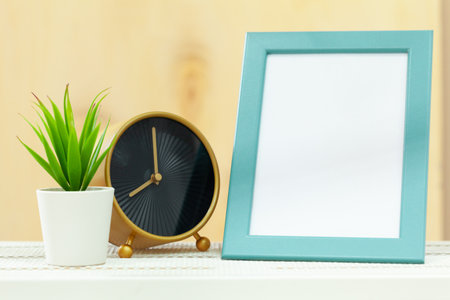 Alarm clock on wooden table close upの写真素材