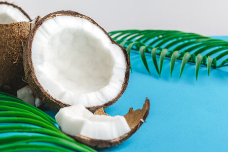 Damaged coconut pieces with shell close upの写真素材