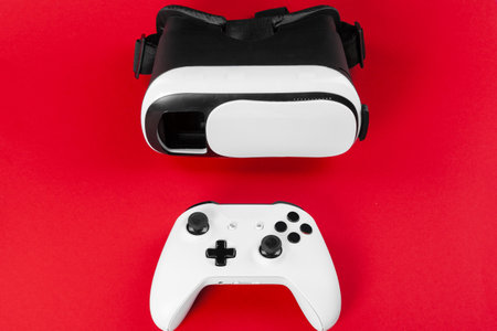 VR Headset on color table background