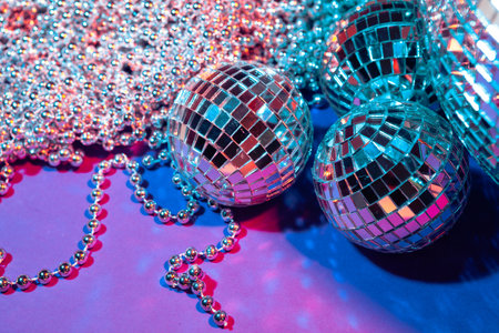 Mirror party balls put on table close up