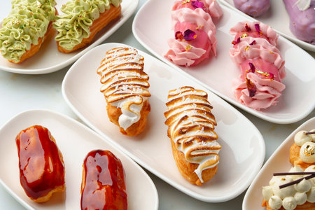 Set of colored eclairs with whipped cream on white plates