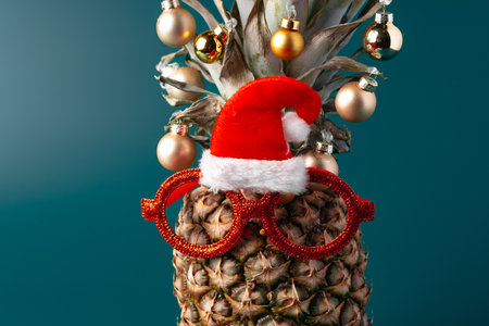 Creative pineapple with Christmas decorations on studio backgroundの写真素材