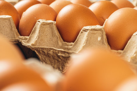 Chicken eggs in box on wooden table.