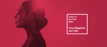 Silhouette of a woman on a magenta background. Color of the year 2023, viva magenta.の写真素材