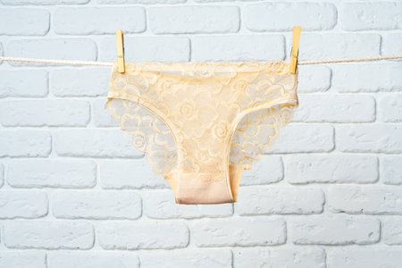 Female panties hanging on rope against white brick backgroundの写真素材