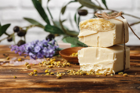 Natural handmade soap bars with flowers, close upの写真素材