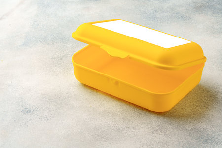 New plastic lunch box on a gray background