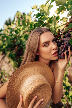 Beautiful young woman with straw hat in vineyard on sunny dayの写真素材
