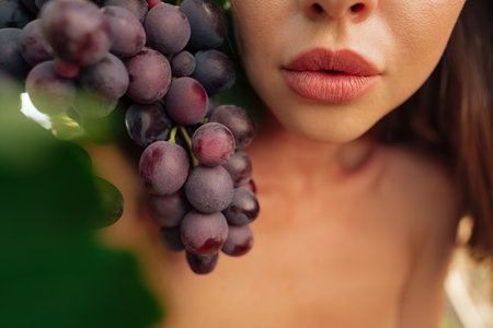 Young woman holding a bunch of grapes at vineyardの写真素材