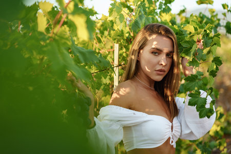 Young woman posing in the grape fields.の写真素材