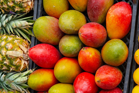 Fresh fruits on showcase at a farmers marketの写真素材