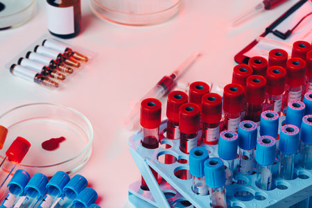 Close-up of test tubes arranged on a table in medical laboratoryの写真素材