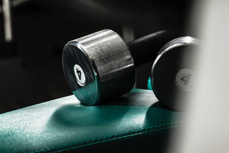 Sports equipment in gym. Dumbbells of different weight close up