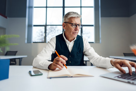 Busy senior man sitting at office desk with papers and making notesの写真素材