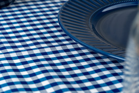 Classic blue ceramic tableware on checkered tablecloth
