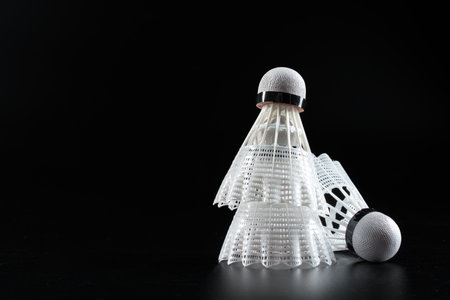 Badminton sport equipment on dark black backgroundの写真素材