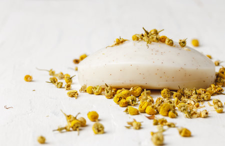 Natural handmade soap bars with flowers, close upの写真素材