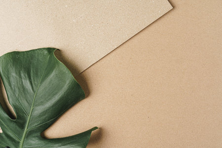 Flat lay craft paper card mockup with leavesの写真素材