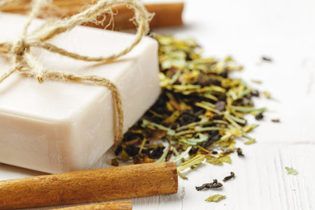 handmade soap with cinnamon on the tableの写真素材