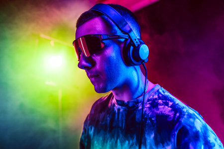 Club DJ playing music at party wearing sunglassesの写真素材