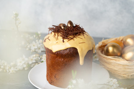 Easter cake with nest decor on gray background