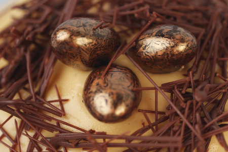 Easter cake with nest decor on gray backgroundの写真素材