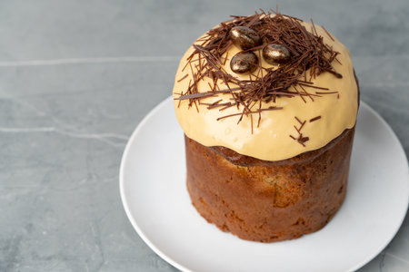 Easter cake with nest decor on gray backgroundの写真素材