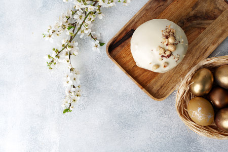 Traditional Easter cake with nuts on gray background