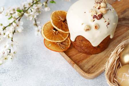 Traditional Easter cake with nuts on gray backgroundの写真素材
