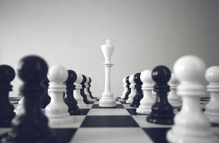 King chess piece standing among pawns on chessboard. Leadership concept. 3d renderingの写真素材
