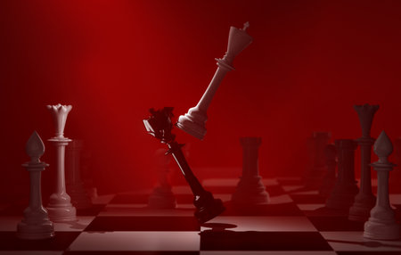 Chess king piece defeats another king on chessboard. 3d renderingの写真素材