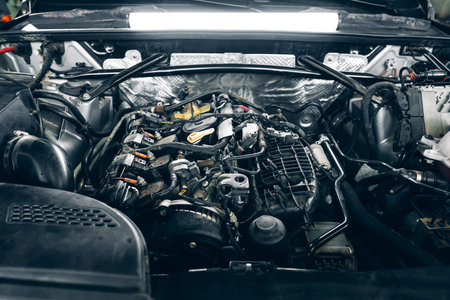 Close up of powerful car engine under the hood