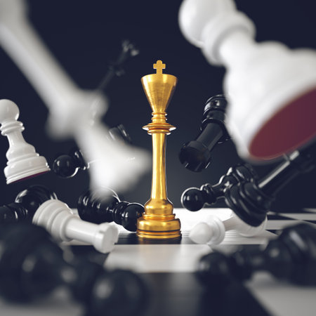 King chess piece standing among flying pawns on chessboard. Leadership concept. 3d rendering